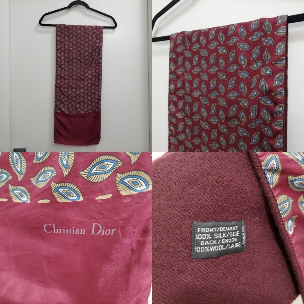 VINTAGE Christian Dior Burgundy 100% Wool Silk Paisley Scarf